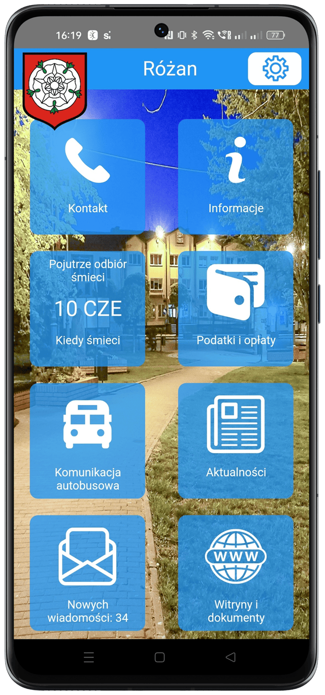 Ekran aplikacji Tu Mieszkam z modułami kontaktu, informacji i lokalnych usług